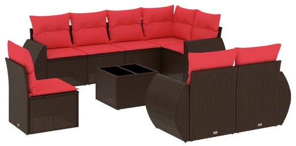 9 db barna polyrattan kerti kanapégarnitúra párnákkal