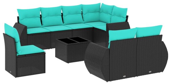 9 db fekete polyrattan kerti kanapégarnitúra párnákkal