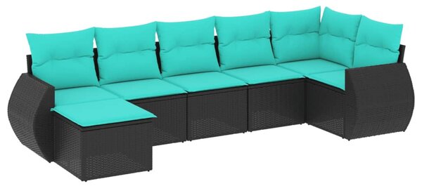 7 db fekete polyrattan kerti kanapégarnitúra párnákkal