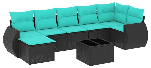 8 db fekete polyrattan kerti kanapégarnitúra párnákkal