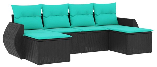 6 db fekete polyrattan kerti kanapégarnitúra párnákkal