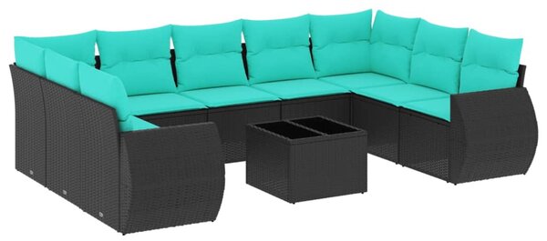 10 db fekete polyrattan kerti kanapégarnitúra párnákkal