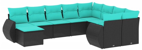 10 db fekete polyrattan kerti kanapégarnitúra párnákkal
