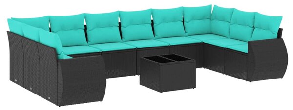 11 db fekete polyrattan kerti kanapégarnitúra párnákkal