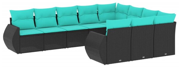 10 db fekete polyrattan kerti kanapégarnitúra párnákkal
