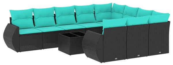 11 db fekete polyrattan kerti kanapégarnitúra párnákkal