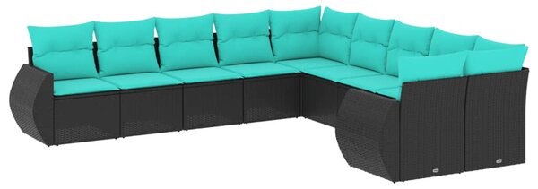 10 db fekete polyrattan kerti kanapégarnitúra párnákkal