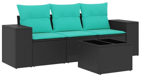 4 db fekete polyrattan kerti kanapégarnitúra párnákkal