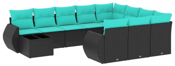 11 db fekete polyrattan kerti kanapégarnitúra párnákkal