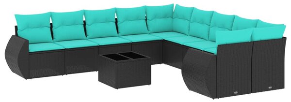 11 db fekete polyrattan kerti kanapégarnitúra párnákkal
