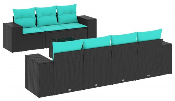 8 db fekete polyrattan kerti kanapégarnitúra párnákkal