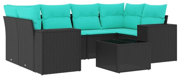 7 db fekete polyrattan kerti kanapégarnitúra párnákkal