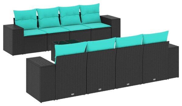 9 db fekete polyrattan kerti kanapégarnitúra párnákkal