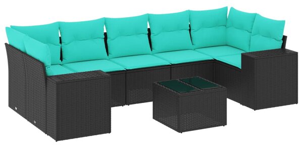 8 db fekete polyrattan kerti kanapégarnitúra párnákkal