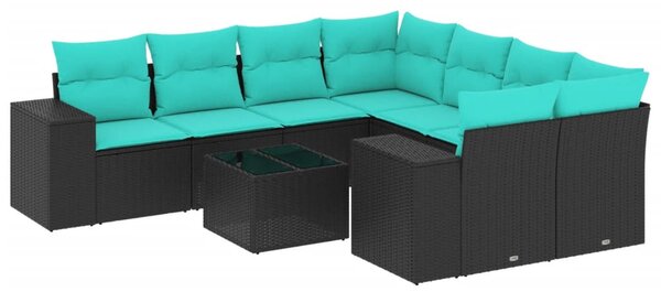 9 db fekete polyrattan kerti kanapégarnitúra párnákkal