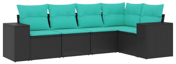5 db fekete polyrattan kerti kanapégarnitúra párnákkal