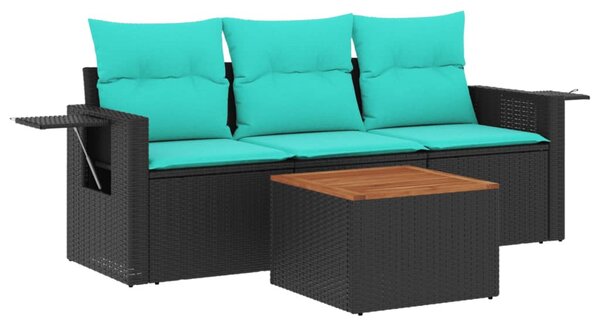 4 db fekete polyrattan kerti kanapégarnitúra párnákkal