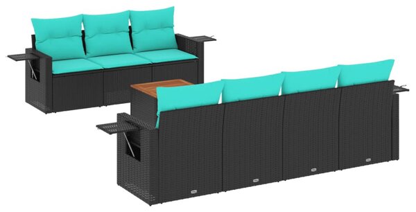 8 db fekete polyrattan kerti kanapégarnitúra párnákkal