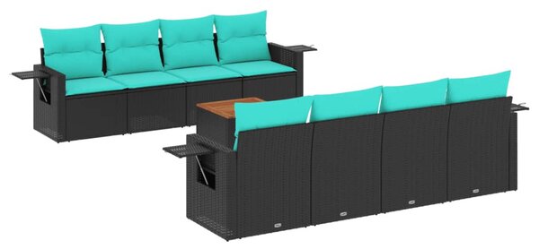 9 db fekete polyrattan kerti kanapégarnitúra párnákkal