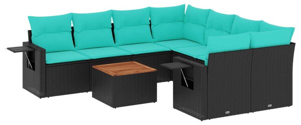 9 db fekete polyrattan kerti kanapégarnitúra párnákkal