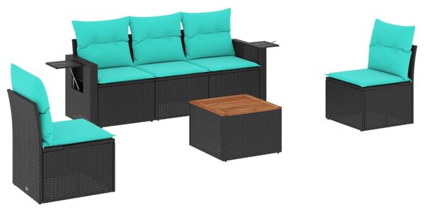 6 db fekete polyrattan kerti kanapégarnitúra párnákkal