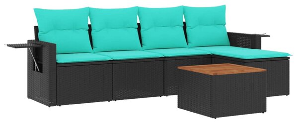 6 db fekete polyrattan kerti kanapégarnitúra párnákkal