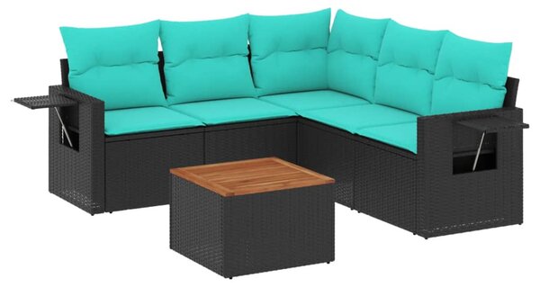 6 db fekete polyrattan kerti kanapégarnitúra párnákkal