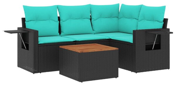 5 db fekete polyrattan kerti kanapégarnitúra párnákkal