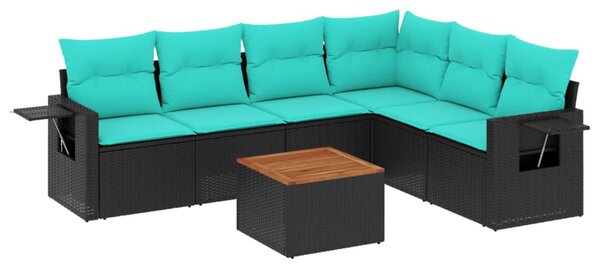 7 db fekete polyrattan kerti kanapégarnitúra párnákkal
