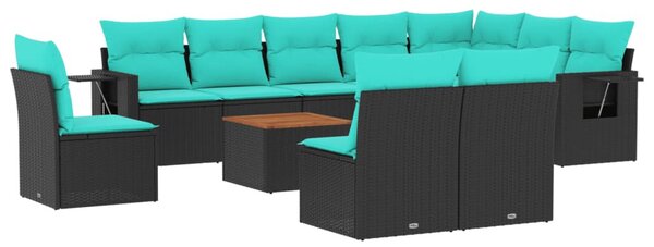 11 db fekete polyrattan kerti kanapégarnitúra párnákkal