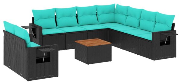 10 db fekete polyrattan kerti kanapégarnitúra párnákkal