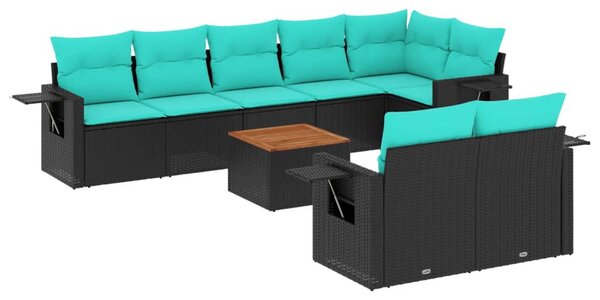 9 db fekete polyrattan kerti kanapégarnitúra párnákkal