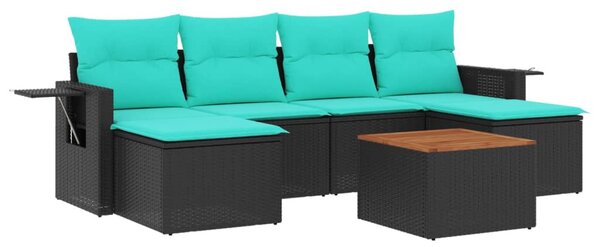 7 db fekete polyrattan kerti kanapégarnitúra párnákkal