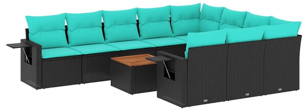 11 db fekete polyrattan kerti kanapégarnitúra párnákkal