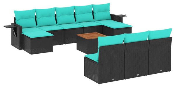 11 db fekete polyrattan kerti kanapégarnitúra párnákkal