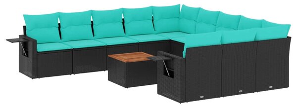 12 db fekete polyrattan kerti kanapégarnitúra párnákkal