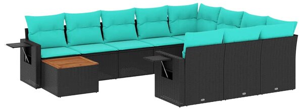 11 db fekete polyrattan kerti kanapégarnitúra párnákkal