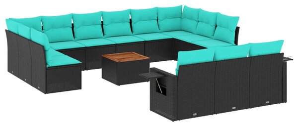 14 db fekete polyrattan kerti kanapégarnitúra párnákkal