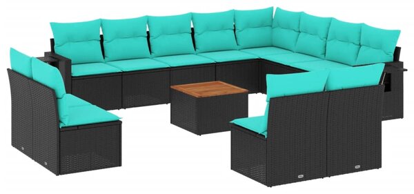 13 db fekete polyrattan kerti kanapégarnitúra párnákkal