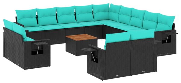 14 db fekete polyrattan kerti kanapégarnitúra párnákkal