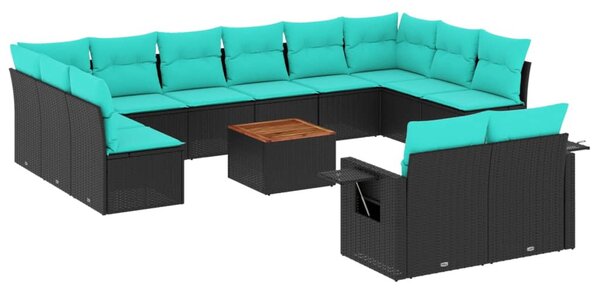 13 db fekete polyrattan kerti kanapégarnitúra párnákkal