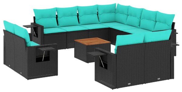 12 db fekete polyrattan kerti kanapégarnitúra párnákkal