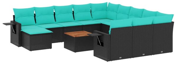 13 db fekete polyrattan kerti kanapégarnitúra párnákkal