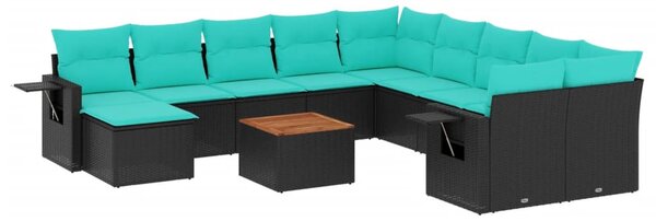 12 db fekete polyrattan kerti kanapégarnitúra párnákkal