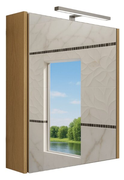 Piramida AKVA Tükrös fürdőszobai szekrény - LED világítással - FEHÉR-TÖLGY - 60 x 69 x 15 cm
