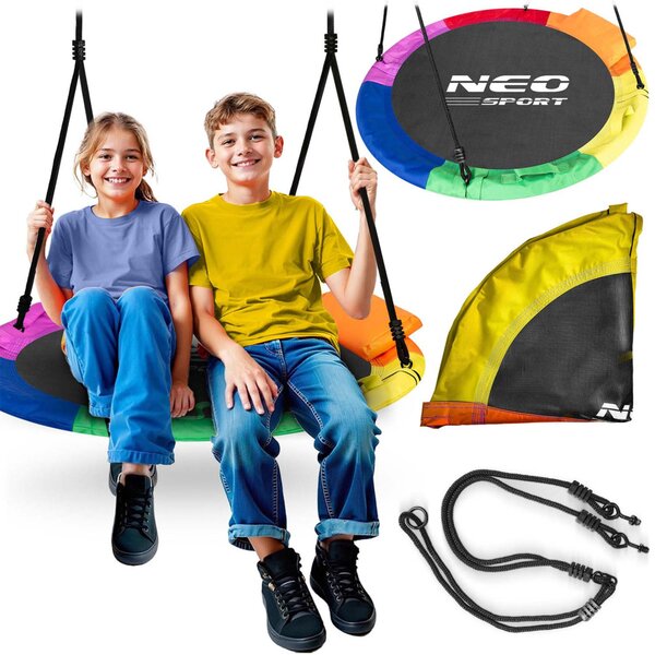 Fészekhinta, Neo-Sport Swingo, fekete/színes, átmérő: 105 cm, vízálló, állítható kötélmagasság: 137-179 cm, acél váz, párnázott, Oxford 600D poliészter, teherbírás: 150 kg, kerek