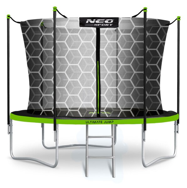 Kerti trambulin, Neo-Sport, fekete/zöld, átmérő: 312 cm, kerek, magasság: 65 cm, 180 cm belső védőháló, létra, acél váz, 3 dupla láb, 150 kg teherbírás, 54 db rugó, fekete oszlopok
