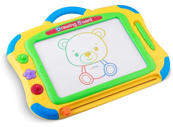 Mágneses rajztábla, Ricokids, 35 × 30 cm, sárga, törölhető rajzfelület, mágneses tollal, 3 db formával, beépített törlőcsúszka, gyerekeknek
