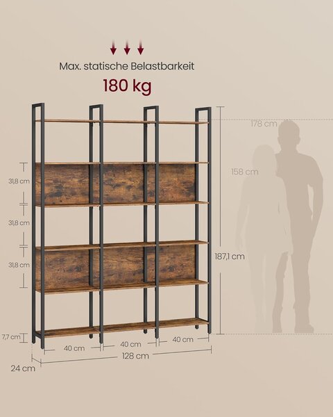 VASAGLE könyvespolc, állópolc 6 nyitott polcszinttel 24x128x187,1 cm, vintage barna–tintafekete