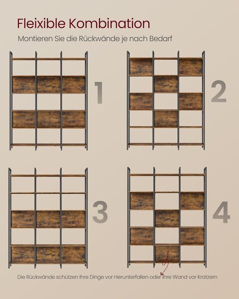 VASAGLE könyvespolc, állópolc 6 nyitott polcszinttel 24x128x187,1 cm, vintage barna–tintafekete